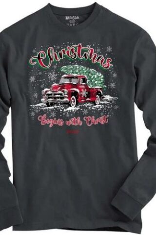 612978635452 Kerusso Christmas Tree Truck Christmas Begins With Christ (2XL T-Shirt)