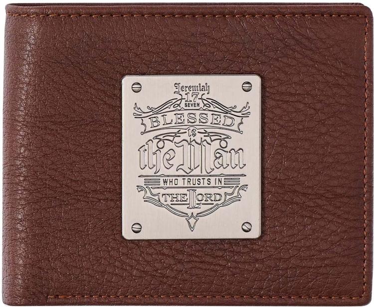 1220000137103 Genuine Leather RFID Wallet for Men Blessed Is The Man Jeremiah 17:7 Metal Embl