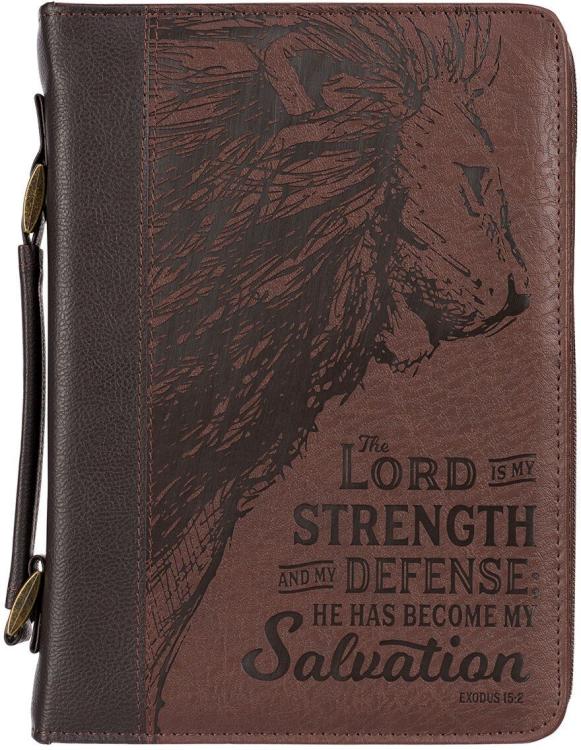 1220000137240 Lord is My Strength w/Lion Exodus 15:2 Faux Leather Classic Bible Cover Case