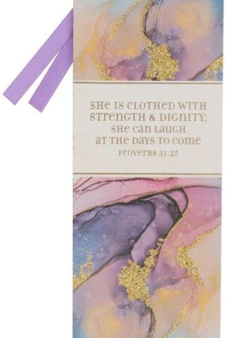 1220000137998 Purple Marble Swirl Women's Bookmark: Strength & Dignity Proverbs 31:25 w/Ribbon