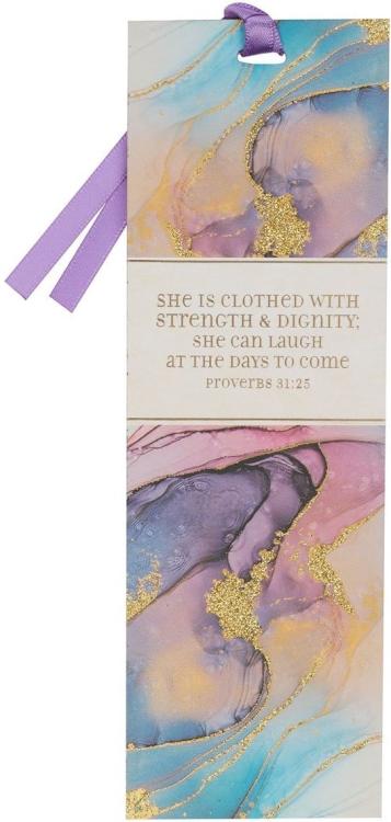 1220000137998 Purple Marble Swirl Women's Bookmark: Strength & Dignity Proverbs 31:25 w/Ribbon